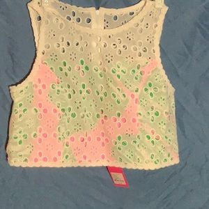 Lilly Pulitzer Kids White Eyelet Sleeveless Top With Pink and Green Lining